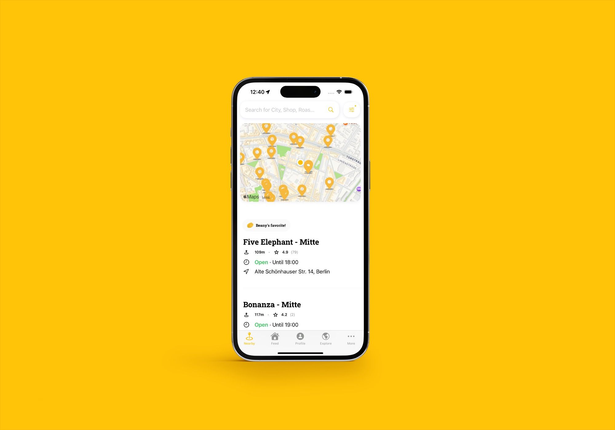 Ein Blick auf das nutzerfreundliche Interface der Beany App, gestaltet und entwickelt von Visionary Berlin, um Kaffeeliebhabern zu helfen, die besten Specialty-Coffee-Shops in ihrer Nähe zu finden.