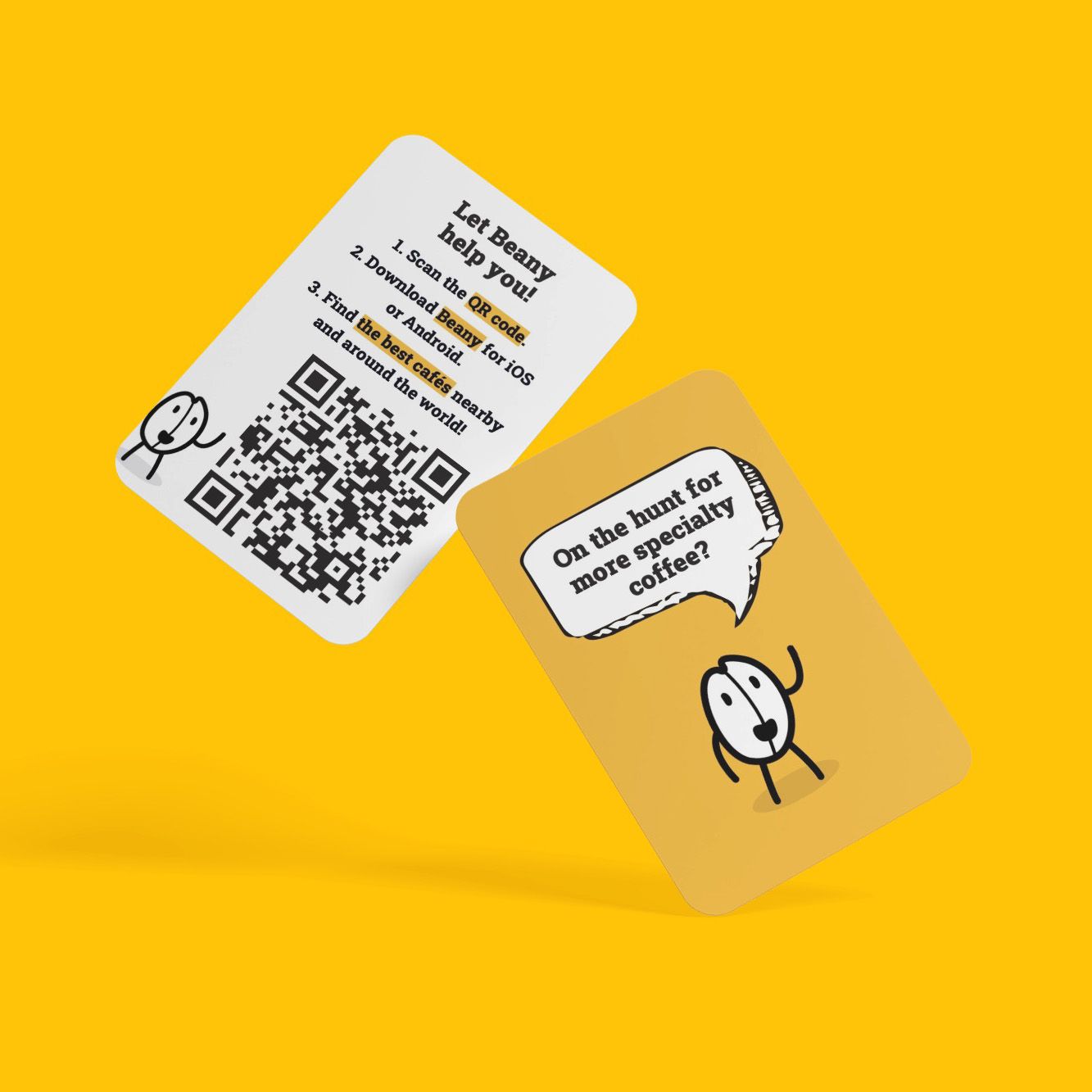Spielerische und effektive Marketing-Karten, gestaltet von Visionary Berlin, die mittels QR-Code die App-Downloads fördern und die Specialty-Coffee-Community verbinden.