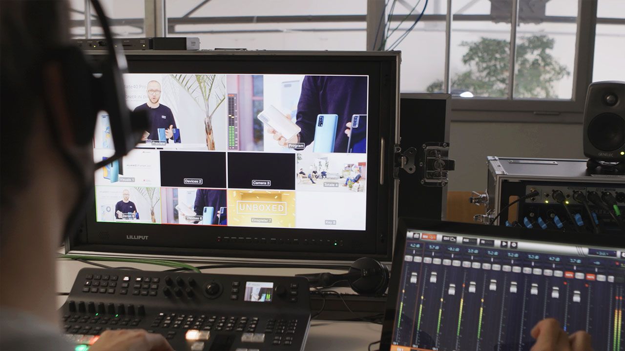 The multi-view monitor and video switcher, showing the Visionary Berlin team managing multiple camera feeds in real-time for a seamless Huawei Rebels broadcast.