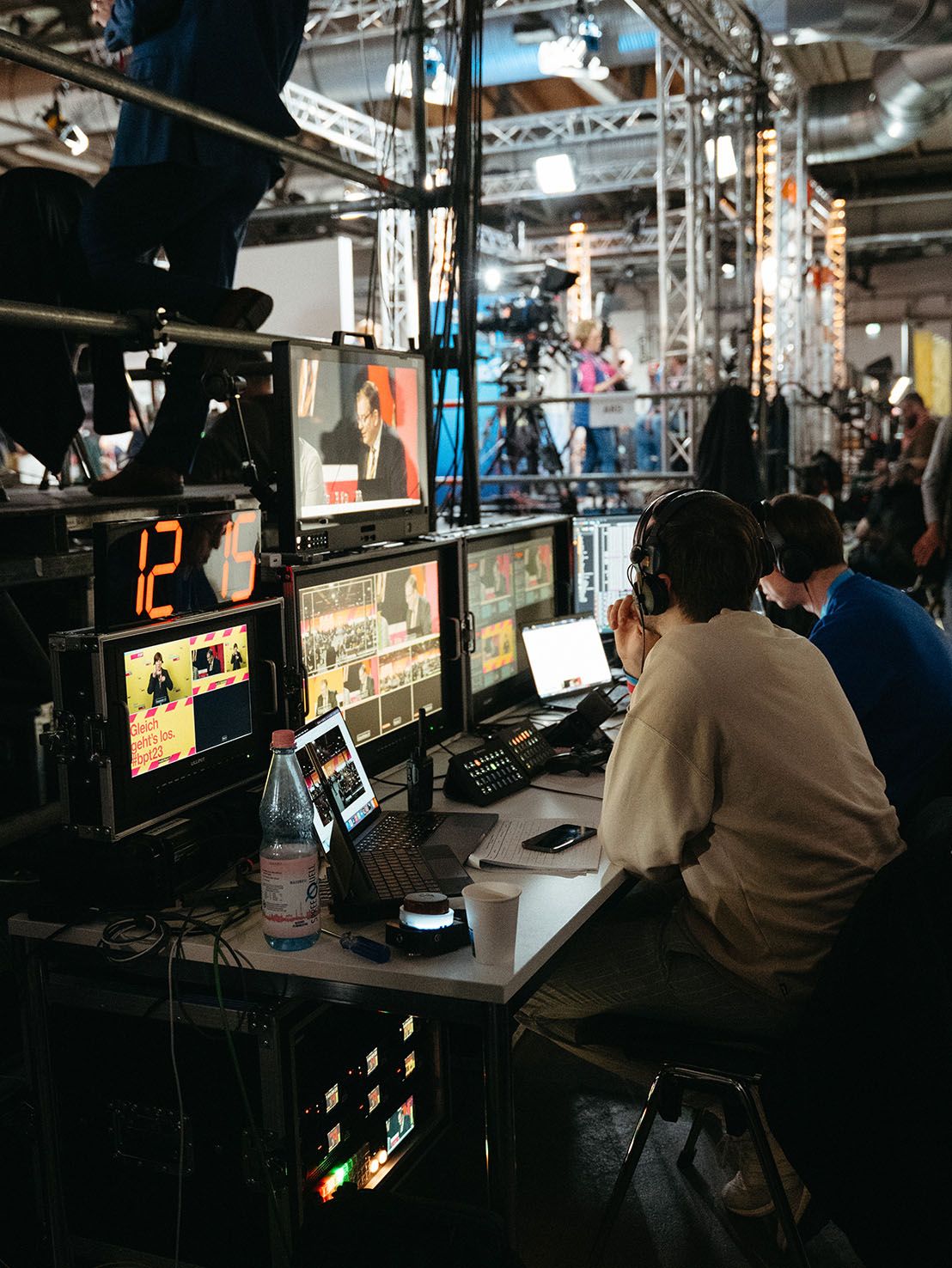 The Visionary Berlin technical team in the control room at the FDP Bundesparteitag 2023, managing multiple live feeds to ensure a seamless broadcast.