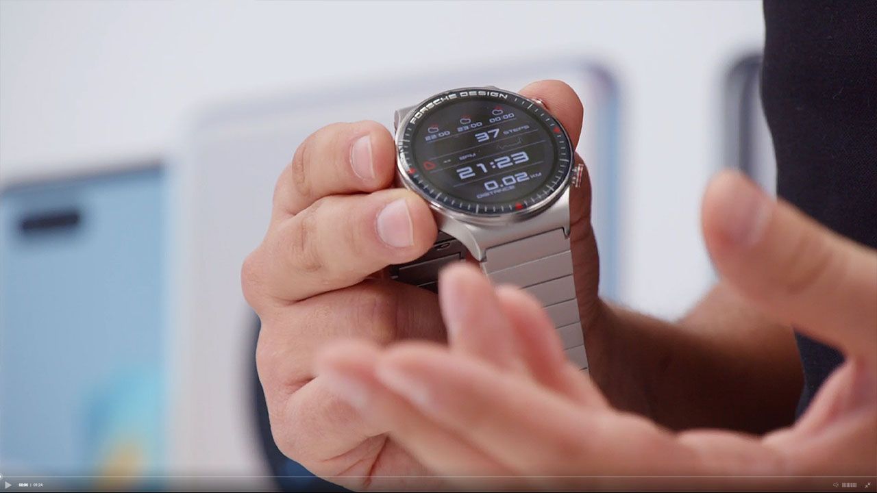 A close-up shot highlighting the premium design of the Porsche Design Huawei Watch GT 2, featured in the 'Huawei Rebels' product showcase by Visionary Berlin.