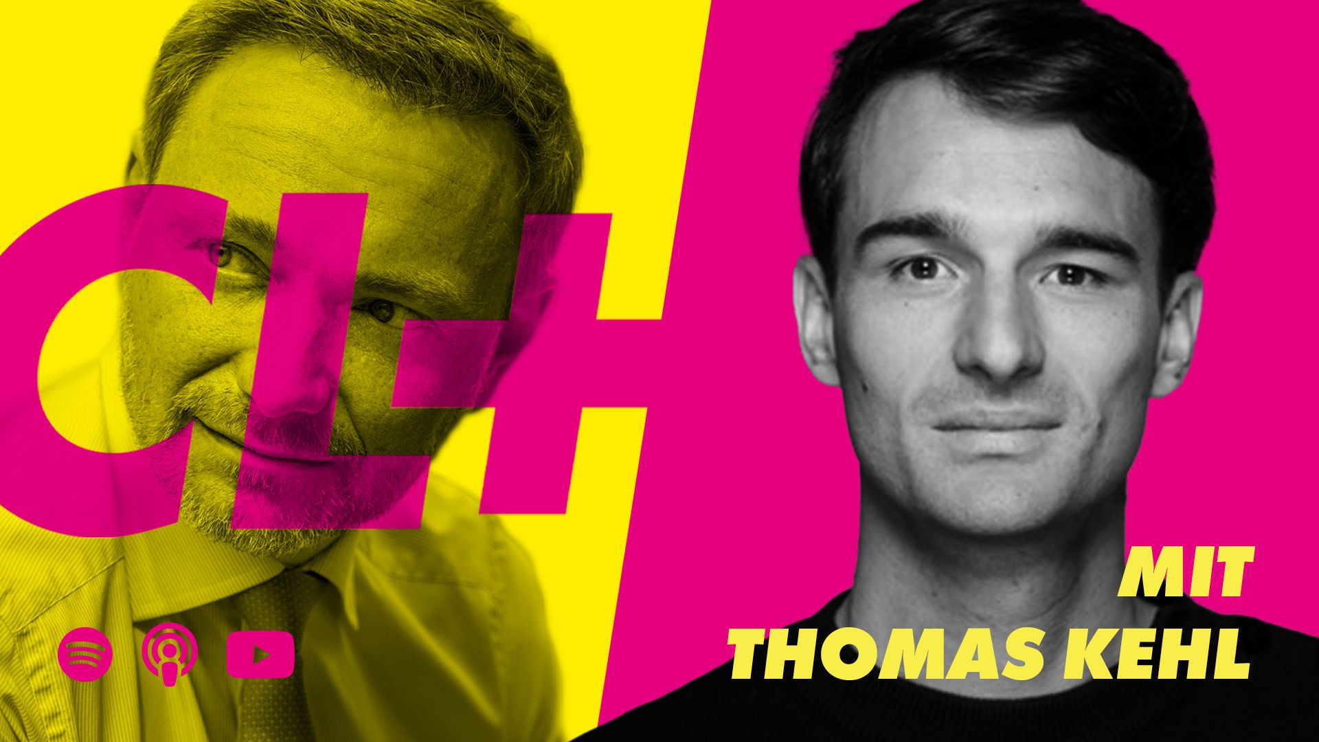 Ein Banner im Querformat oder ein YouTube-Thumbnail für die 'CL+' Podcast-Folge mit Thomas Kehl. Das Design von Visionary Berlin nutzt das charakteristische, markante Branding des Podcasts, um Zuschauer auf verschiedenen Plattformen zu gewinnen.