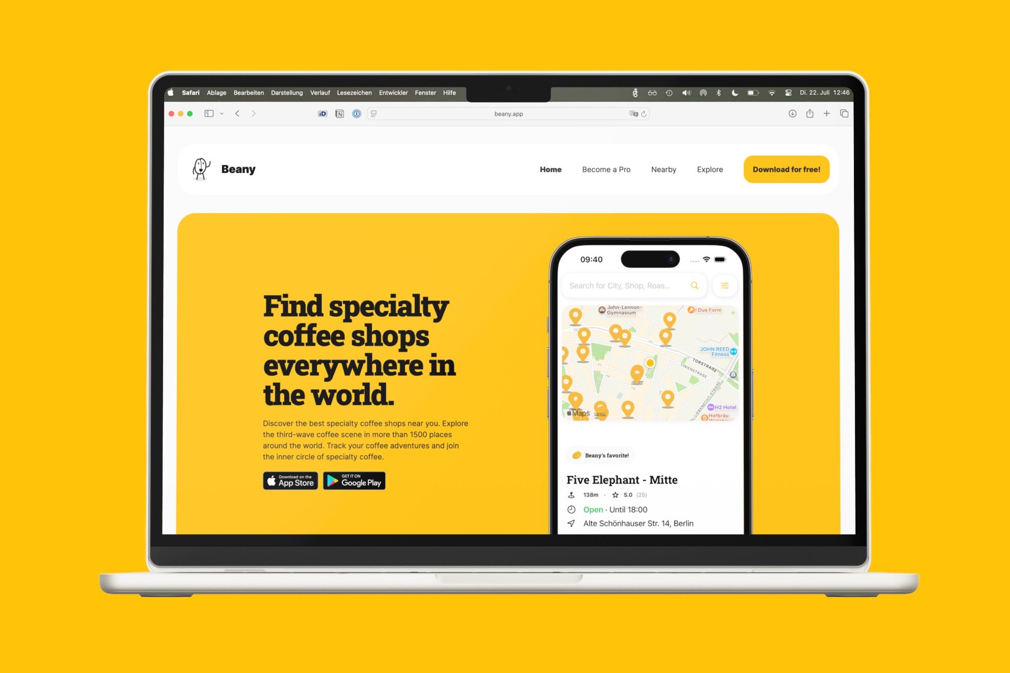 Die Landingpage der Beany App, Teil einer kompletten Markenwelt, die von Visionary Berlin geschaffen wurde – von der Website- und App-Entwicklung bis zum Social-Media-Content.